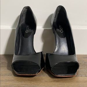 Aldo, Black Squared Open Toe Heels, size 7.5